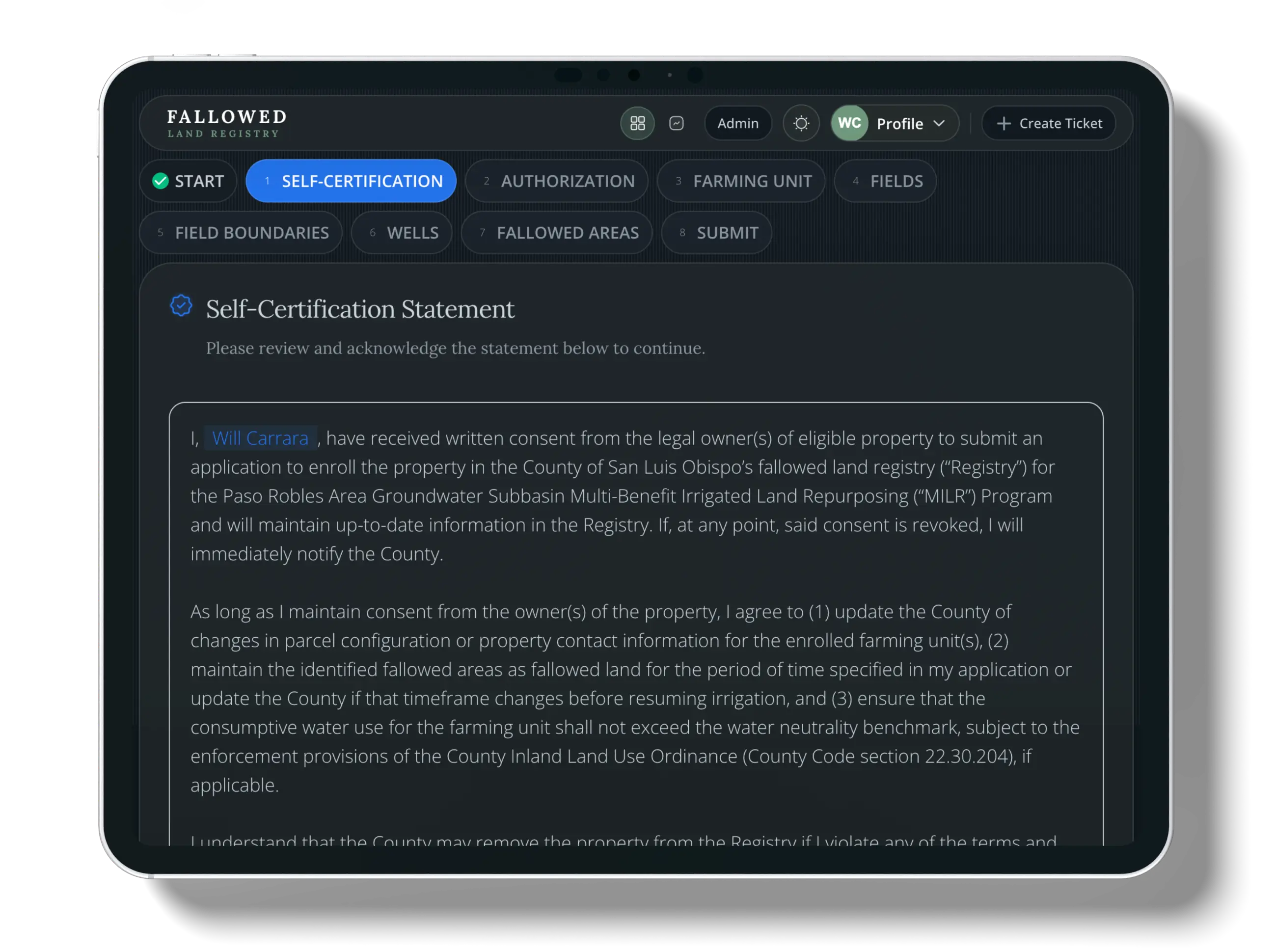 Step 2: Self-Certification screenshot